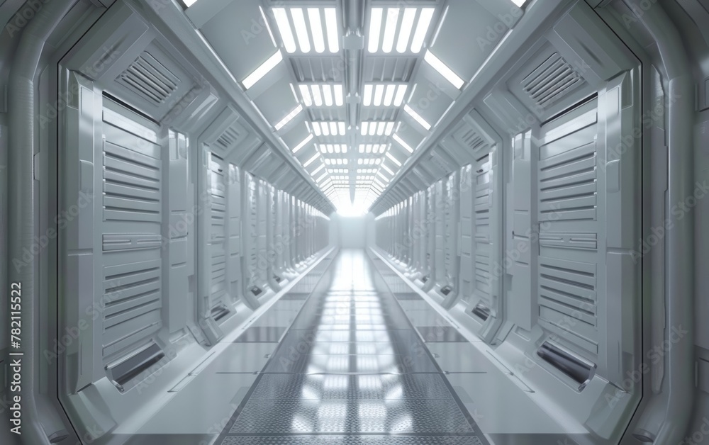 A long, luminous hallway of a futuristic space station or spacecraft, featuring a striking symmetrical design with bright lighting and sleek, minimalist architecture. A long, luminous hallway of a futuristic space station or spacecraft, featuring a striking symmetrical design with bright lighting and sleek, minimalist architecture.