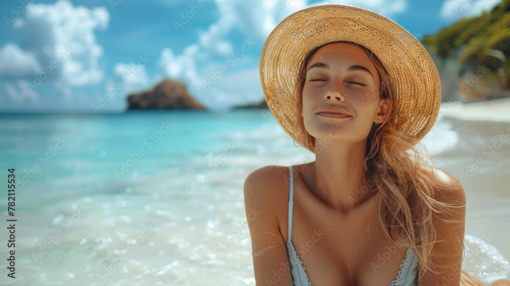 woman relaxing on sand   on tropicalbeach,  vacation on beach 