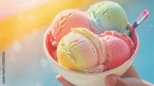 Beneath the summer sun, a bowl of pastel rainbow ice cream becomes a joyful celebration, its colors as soft and inviting as a daydream low noise photo