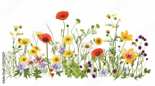 Wildflowers and green grass blades in front of white