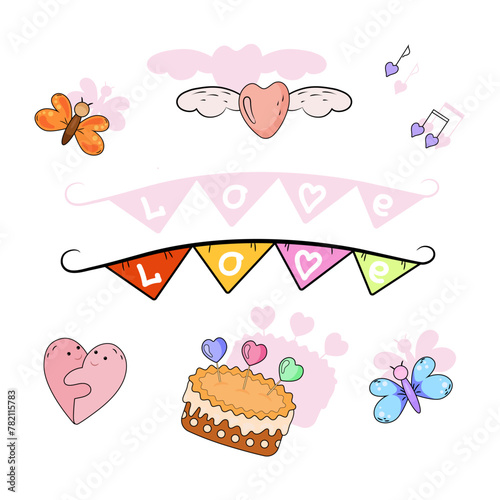 Love set. Cartoon illustrations with heart elements