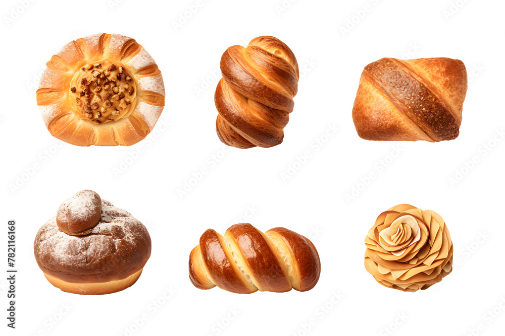 Set of various sweet breads Slices and bakery or pastries, isolated cartoon vector set of bakery products translucent background Set of various sweet breads Slices and bakery or pastries, isolated cartoon vector set of bakery products translucent background
