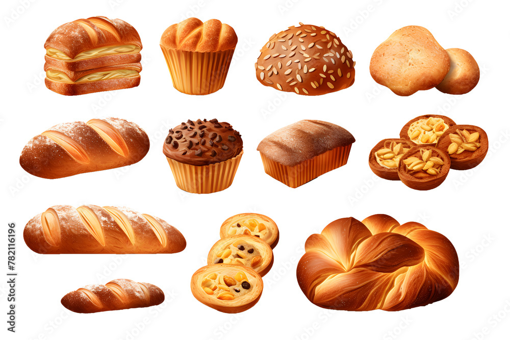 Set of various sweet breads Slices and bakery or pastries, isolated cartoon vector set of bakery products translucent background Set of various sweet breads Slices and bakery or pastries, isolated cartoon vector set of bakery products translucent background