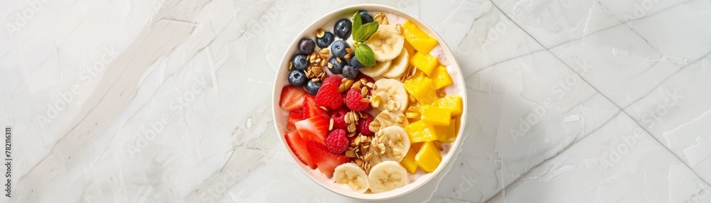 A smoothie bowl, adorned with vibrant toppings, owes its creamy base to almond milk, its light beige adding a touch of calm to the palette low texture A smoothie bowl, adorned with vibrant toppings, owes its creamy base to almond milk, its light beige adding a touch of calm to the palette low texture