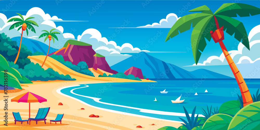 uninhabited island with palm trees and green mountains against the background of sunset. azure shore
