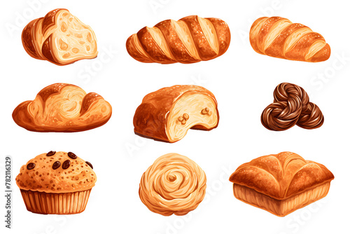 Set of various sweet breads Slices and bakery or pastries, isolated cartoon vector set of bakery products translucent background