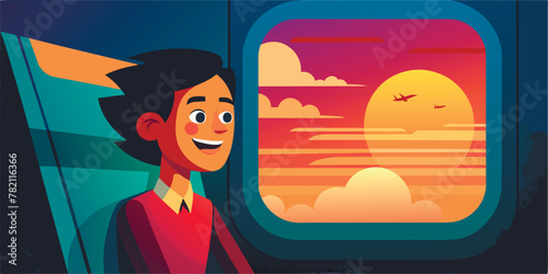 a happy girl flying on vacation sits at the porthole of the plane.