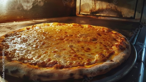 A pizza fresh from the oven, its cheese bubbling in vibrant warm yellows, evokes a gathering of friends sharing stories and laughter low noise