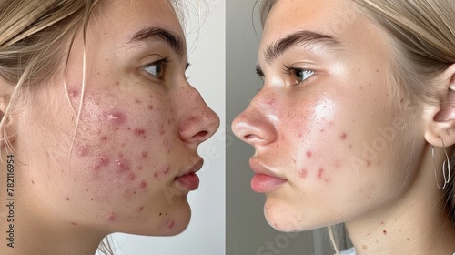 Teen girl's skin before and after treating acne. A dermatologist can help with acne treatment.