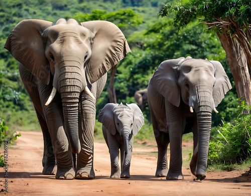 elephant walking next to an adult elephant, a photo