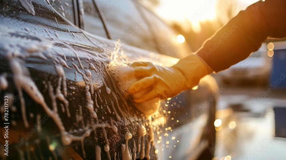 Close up hand in a special rubber yellow glove washes a car with water and foam.	
 - obrazy, fototapety, plakaty 