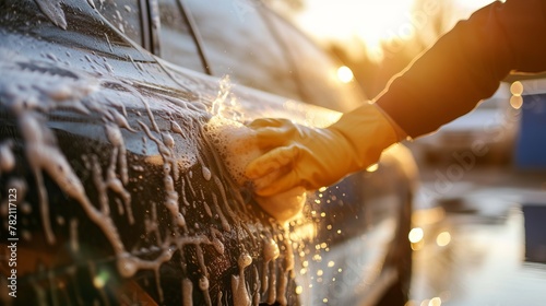 Close up hand in a special rubber yellow glove washes a car with water and foam.	
