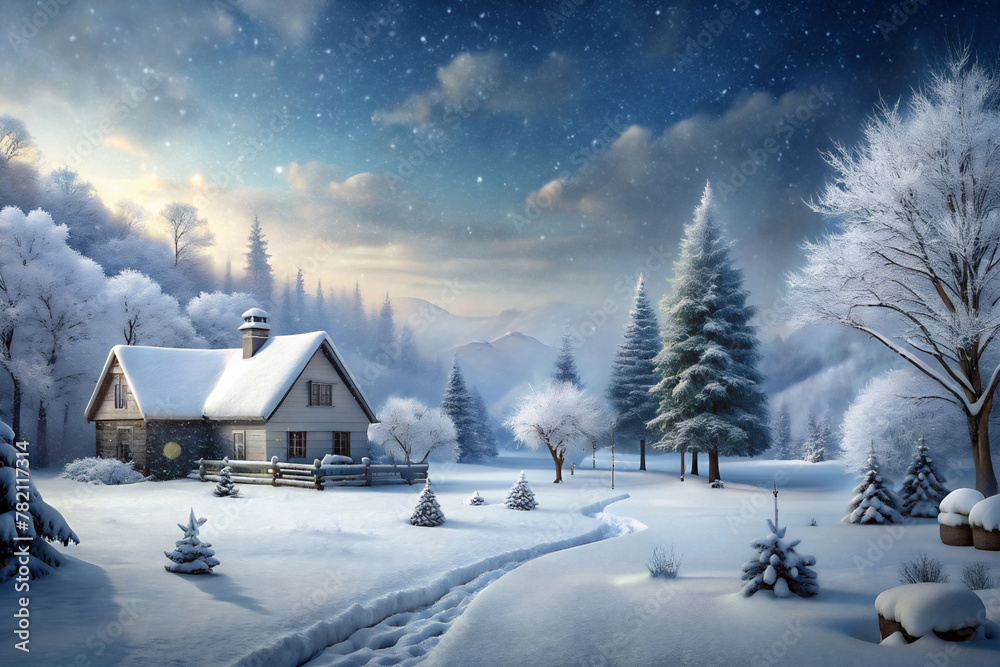 A serene, snowy landscape engulfs a forest with tall trees partially coated in frost under a clear, starry sky.