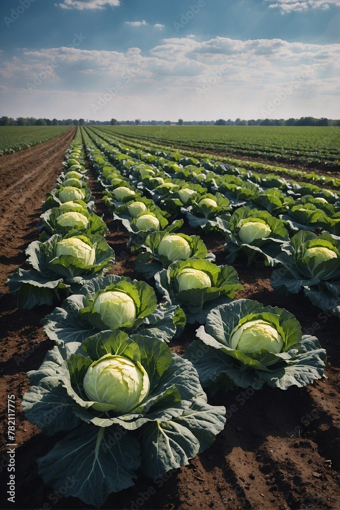 Fototapeta premium Even Field with Rows of Cabbage