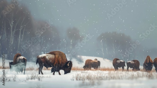 Herd of bison in a snowy winter landscape - A captivating snowy scene featuring a herd of bison braving the cold, showcasing the endurance of wildlife