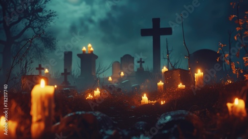 Cemetery with candles at night - A chilling scene of a cemetery at night illuminated by numerous candles, invoking a sense of mystery and the supernatural