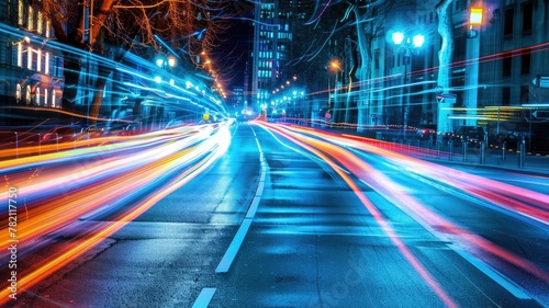 Long exposure of city street at night with lights - A city street at night captured in long exposure: streaking lights paint a vibrant display of urban motion