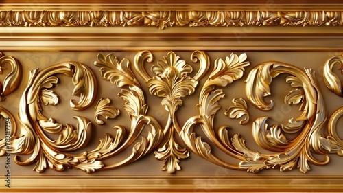 Detailed golden acanthus leaf scrollwork - A close-up of golden acanthus leaf scrollwork with a luxurious feel, showcasing detailed ornamentation photo