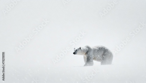 An almost invisible polar bear in a white snowstorm, with only the slightest outline visible, blending into the white background, symbolizing camouflage and survival.