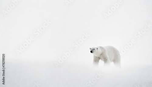 An almost invisible polar bear in a white snowstorm, with only the slightest outline visible, blending into the white background, symbolizing camouflage and survival.