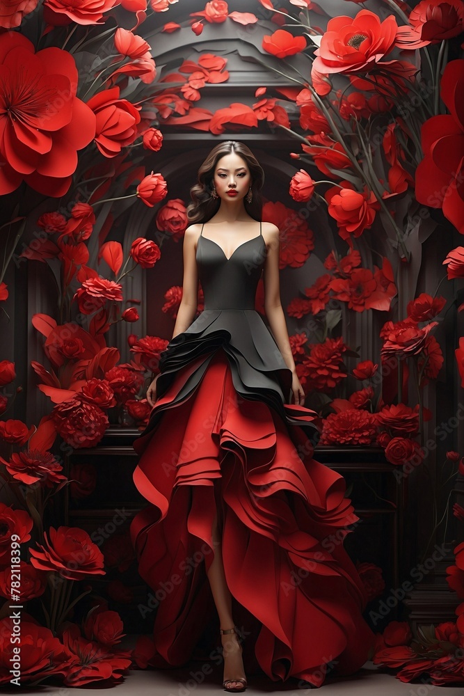 Woman in a Red Dress with Flowers