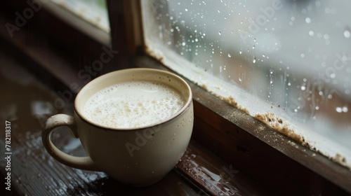 A cup of warm, creamy milk made from powder sits beside a window on a rainy day, its presence a nostalgic comfort from childhood low texture