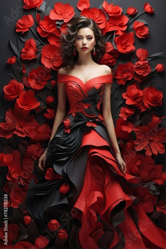 Woman in a Red Dress with Flowers