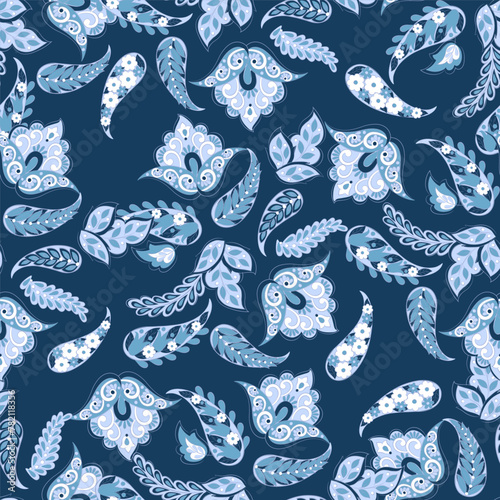 Paisley vector seamless pattern. Fantastic flower, leaves. Textile bohemian print. Batik painting. Vintage