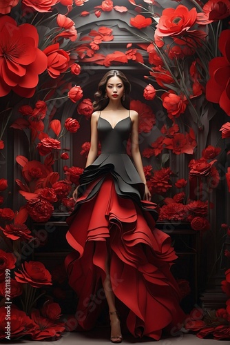 Obraz na płótnie Woman in a Red Dress with Flowers w salonie