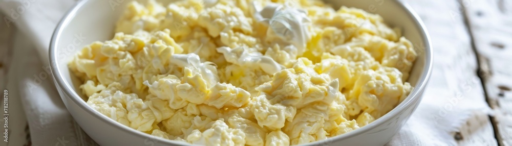 A breakfast of scrambled eggs is transformed by a swirl of tangy sour cream, its creamy whites lending a velvety smoothness to the dish no dust A breakfast of scrambled eggs is transformed by a swirl of tangy sour cream, its creamy whites lending a velvety smoothness to the dish no dust