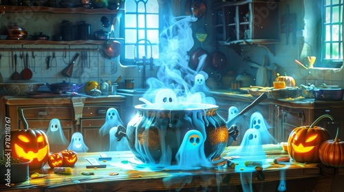 Haunted Kitchen with Ghosts and Magic Cauldron