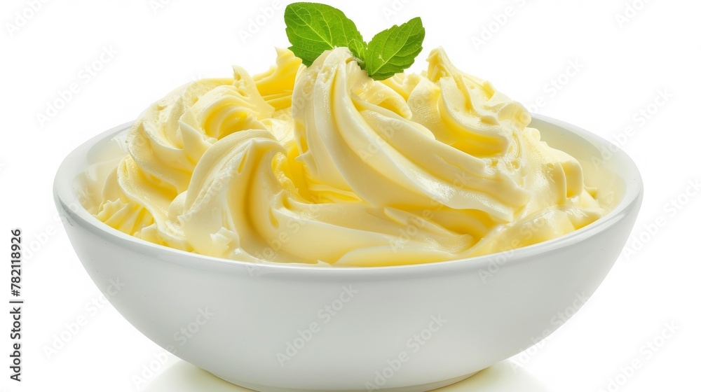 A bowl of freshly whipped butter, its texture light and airy, showcases the vibrant sunny yellows, ready to top off any meal with richness hyper realistic A bowl of freshly whipped butter, its texture light and airy, showcases the vibrant sunny yellows, ready to top off any meal with richness hyper realistic