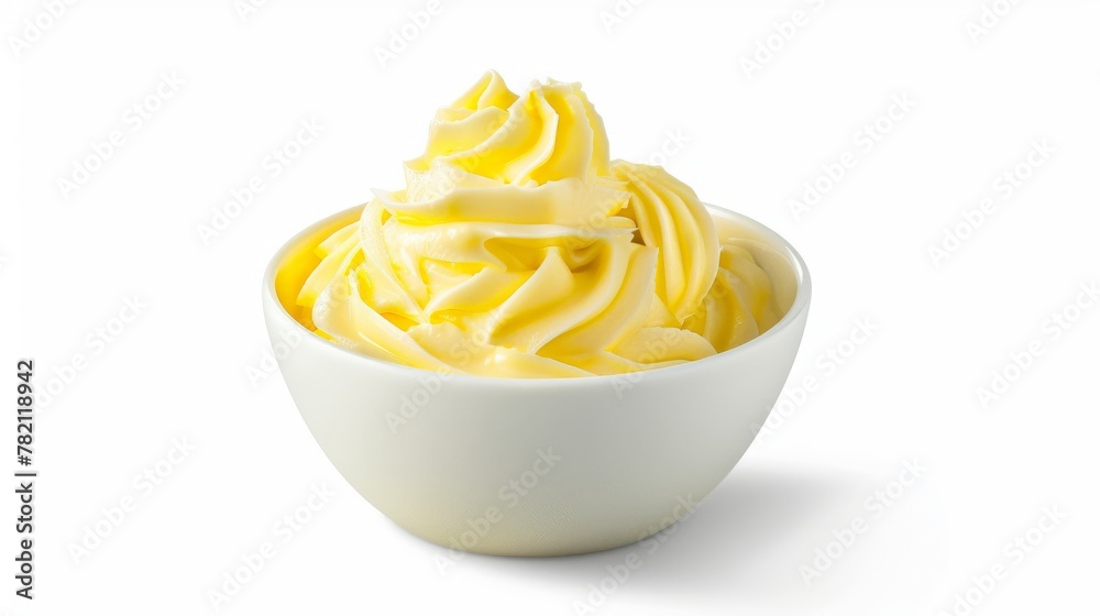 A bowl of freshly whipped butter, its texture light and airy, showcases the vibrant sunny yellows, ready to top off any meal with richness hyper realistic A bowl of freshly whipped butter, its texture light and airy, showcases the vibrant sunny yellows, ready to top off any meal with richness hyper realistic