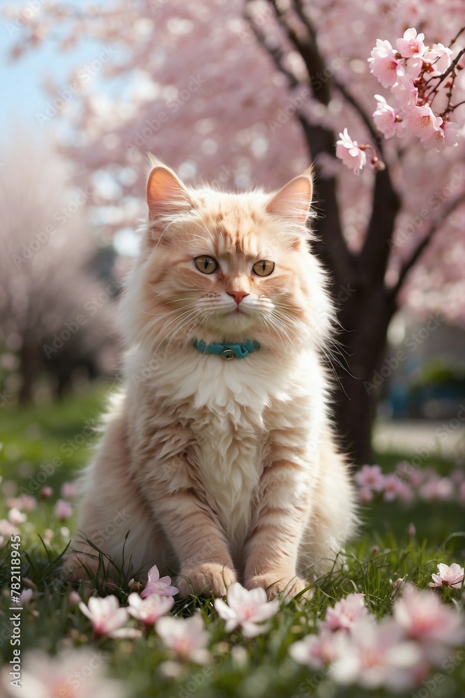 Fluffy Cute Cat Sitting in the Grass