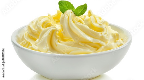 A bowl of freshly whipped butter, its texture light and airy, showcases the vibrant sunny yellows, ready to top off any meal with richness hyper realistic