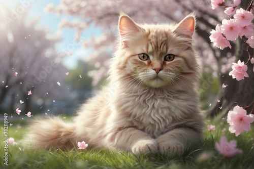 Fluffy Cute Cat Sitting in the Grass