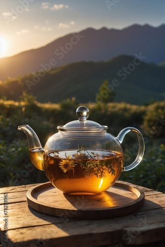 Glass Transparent Teapot with Fresh Tea on Wooden Table