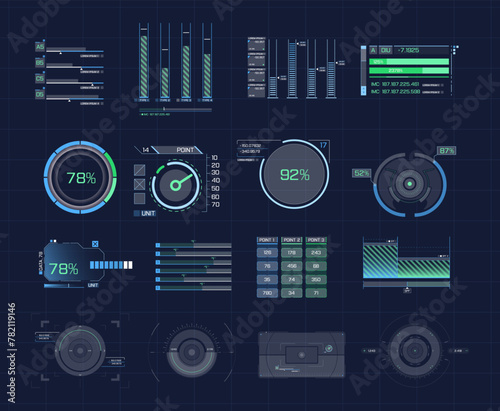 Futuristic aim hud dashboard display virtual reality technology screen. 
Big collection HUD, GUI elements for VR, UI design.