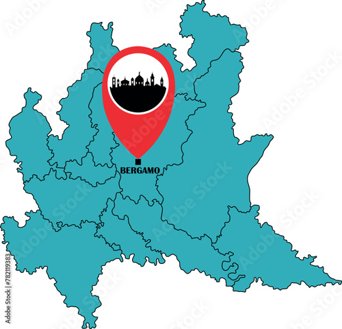 Red placeholder with the Bergamo skyline inside. Vector infographic map of Lombardy