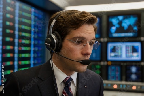 A man using headset in the control room