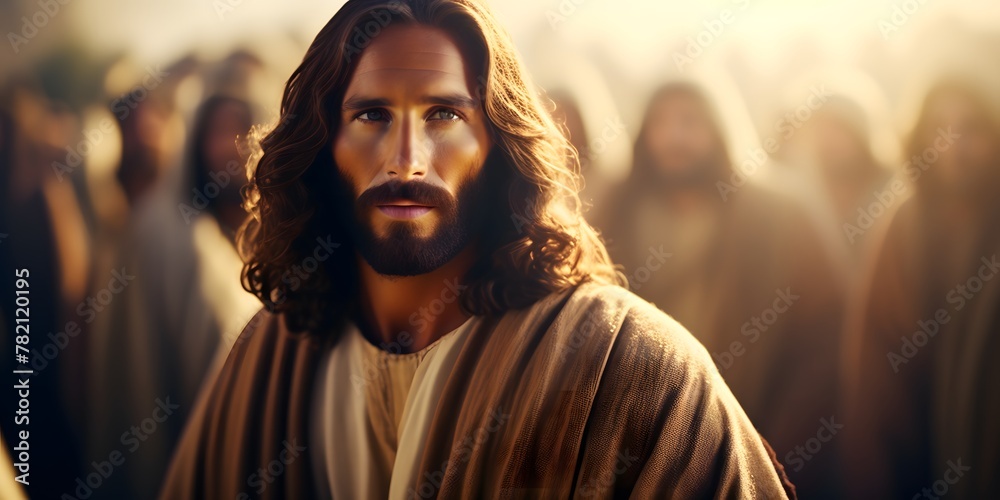 Jesus Christ around blurred people, Jesus Christ with Jews closeup in sunlight