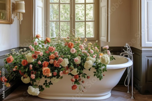 Bathroom with a bathtub filled with different flowers creating romantic relaxing atmosphere in spa salon  body care and mental health routine concept  flower show