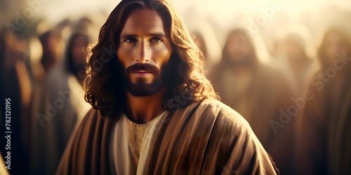 Jesus Christ around blurred people, Jesus Christ with Jews closeup in sunlight