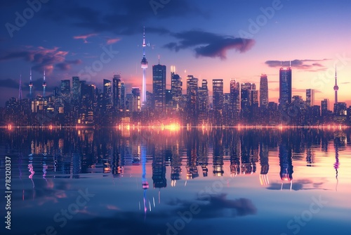 Dusk settles over a calm city skyline, mirrored perfectly on a tranquil body of water with a vibrant play of lights and colors.