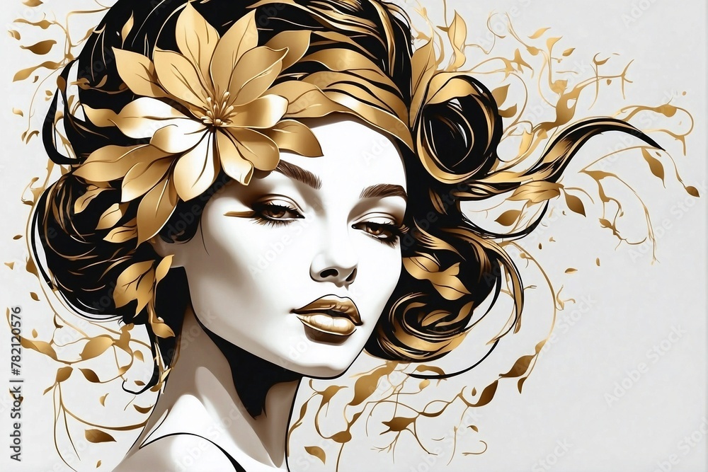 Contour of a female face with a gold flower in the hair