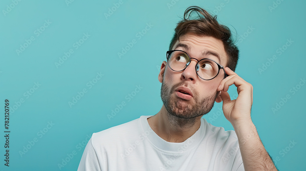 Portrait of a confused puzzled minded man on pastel blue background Portrait of a confused puzzled minded man on pastel blue background