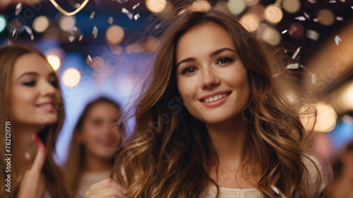 Portrait of beautiful young woman dancing at a party in the nightclub