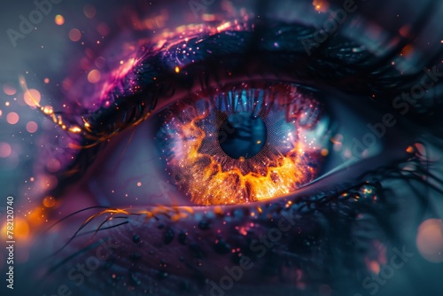 Closeup of woman's eye with fiery reflection, symbolizing passion, intensity, and inner strength