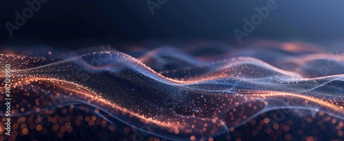 Digital data flow, wave with many dots and particles. Abstract dynamic wave background. Technology or science banner