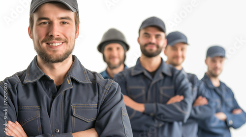 Friendly Team of Mechanics in Uniform Smiling.
